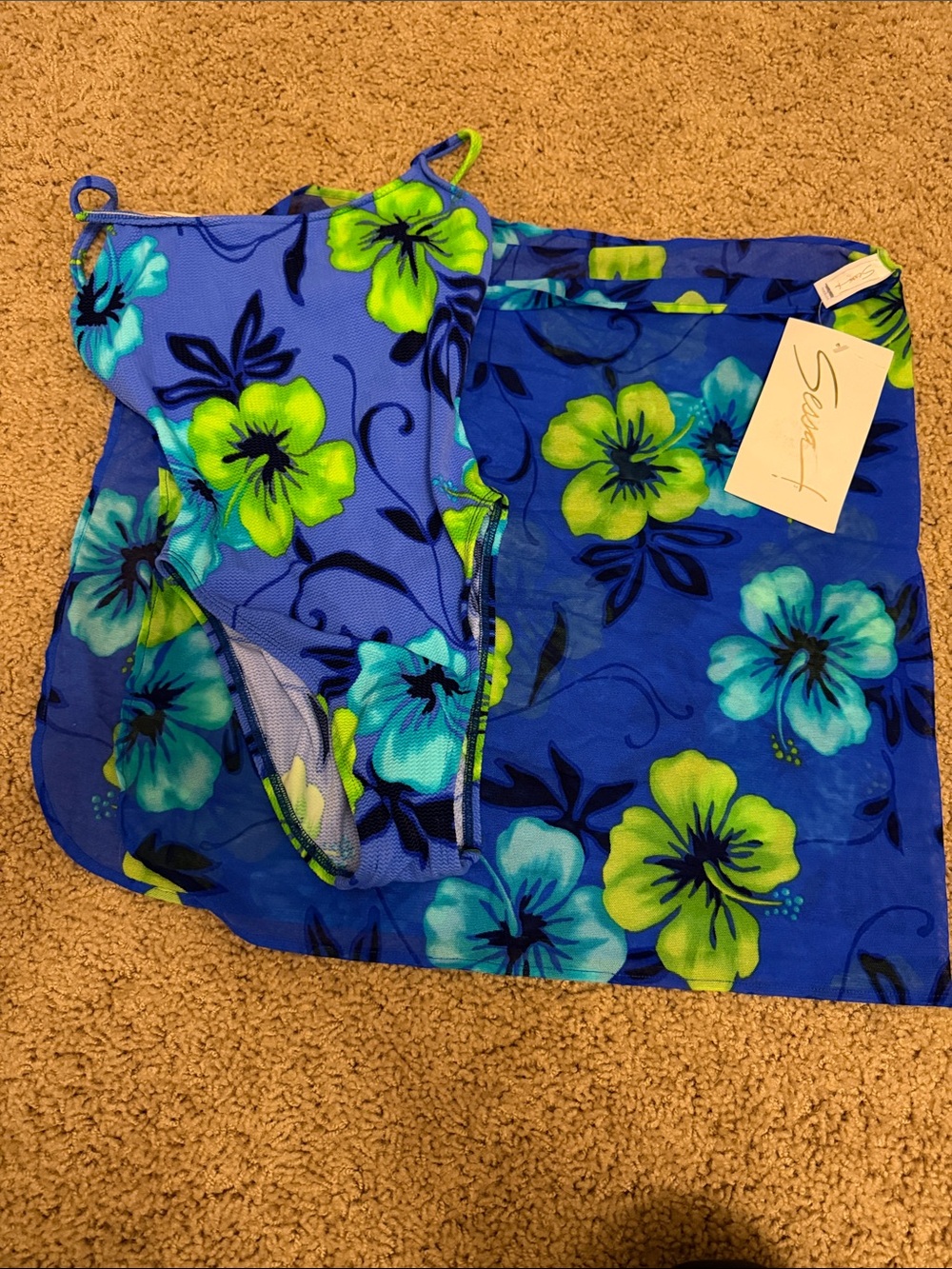 Blue & Green Floral One-Piece Swimsuit with Matching Cover-Up Wrap Skirt. Size 6